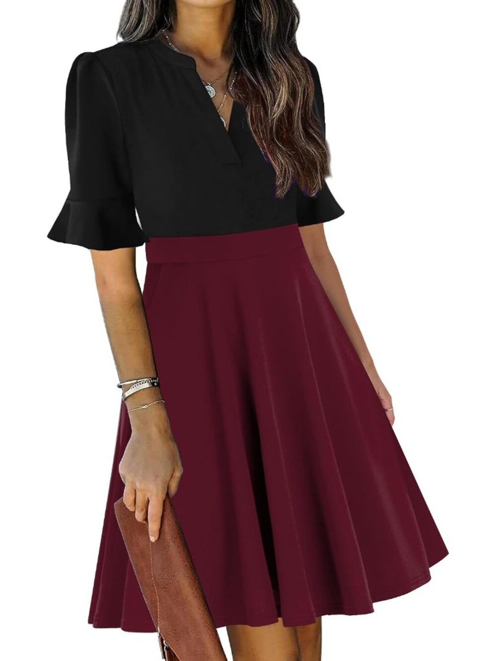 Women's Black+Wine Fit And Flare Knee Length V Neck Short Sleeve Guest Dress